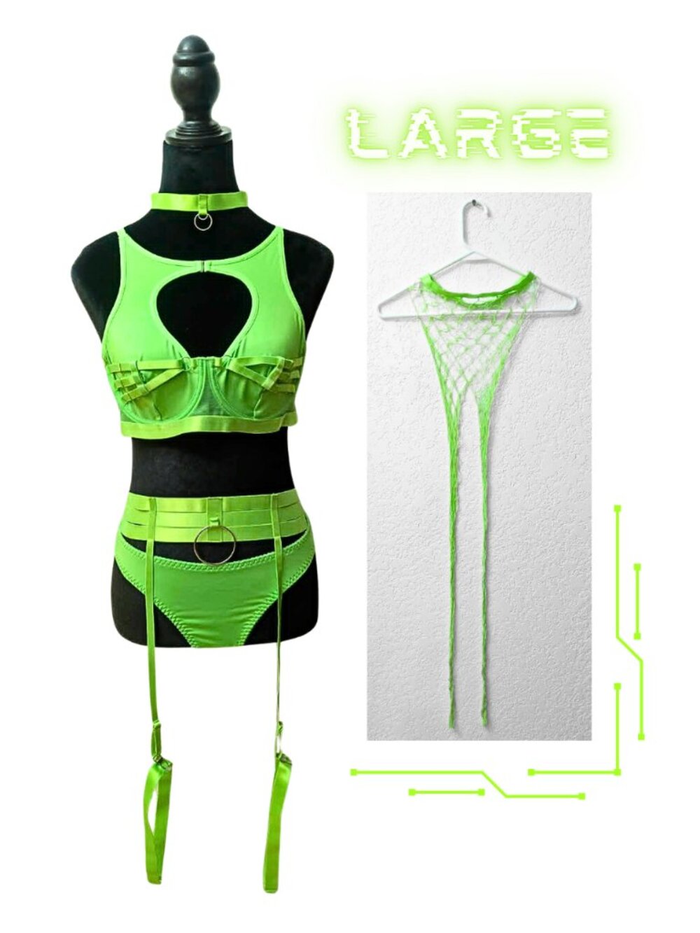 Neon Green Cyber Goth Festival Rave Set Fishnet Leggings Garters Large